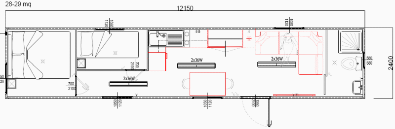 Container monoblocco Abitativo Bungalow12100x2400