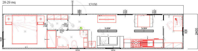 Container monoblocco Abitativo Bungalow12100x2400