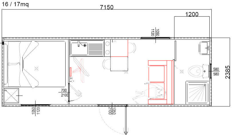 Container monoblocco Abitativo Bungalow7100x2400