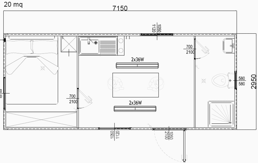 Container monoblocco Abitativo Bungalow7100x 3000